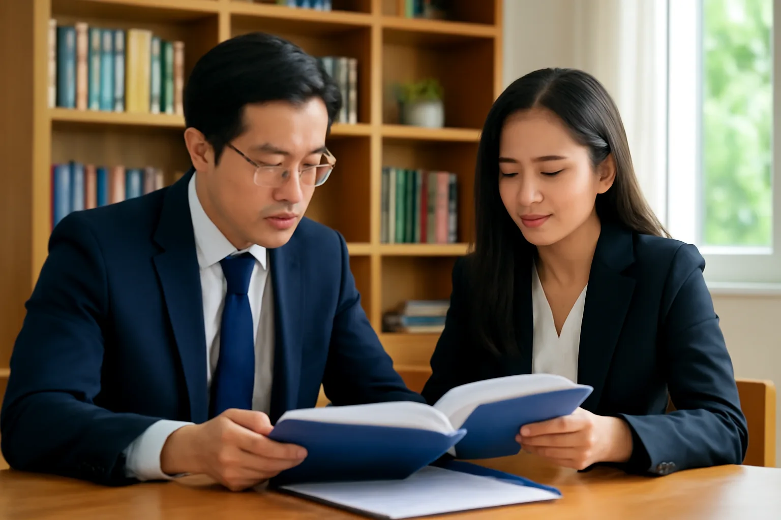 Giám đốc và luật sư ngồi bên bàn trong phòng làm việc tại nhà, cùng đọc một cặp hồ sơ dày