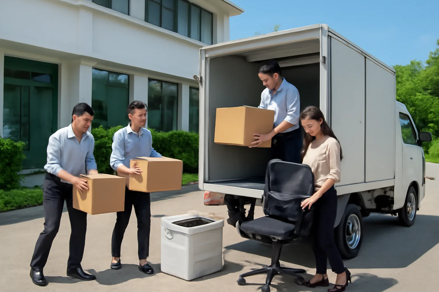 Nhân viên chi nhánh chất thùng hồ sơ và thiết bị văn phòng lên xe tải nhỏ trước toà nhà