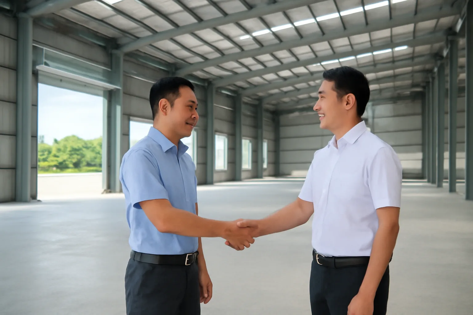 Chủ doanh nghiệp và bên thuê cùng đi xem nhà xưởng trống trước khi ký hợp đồng