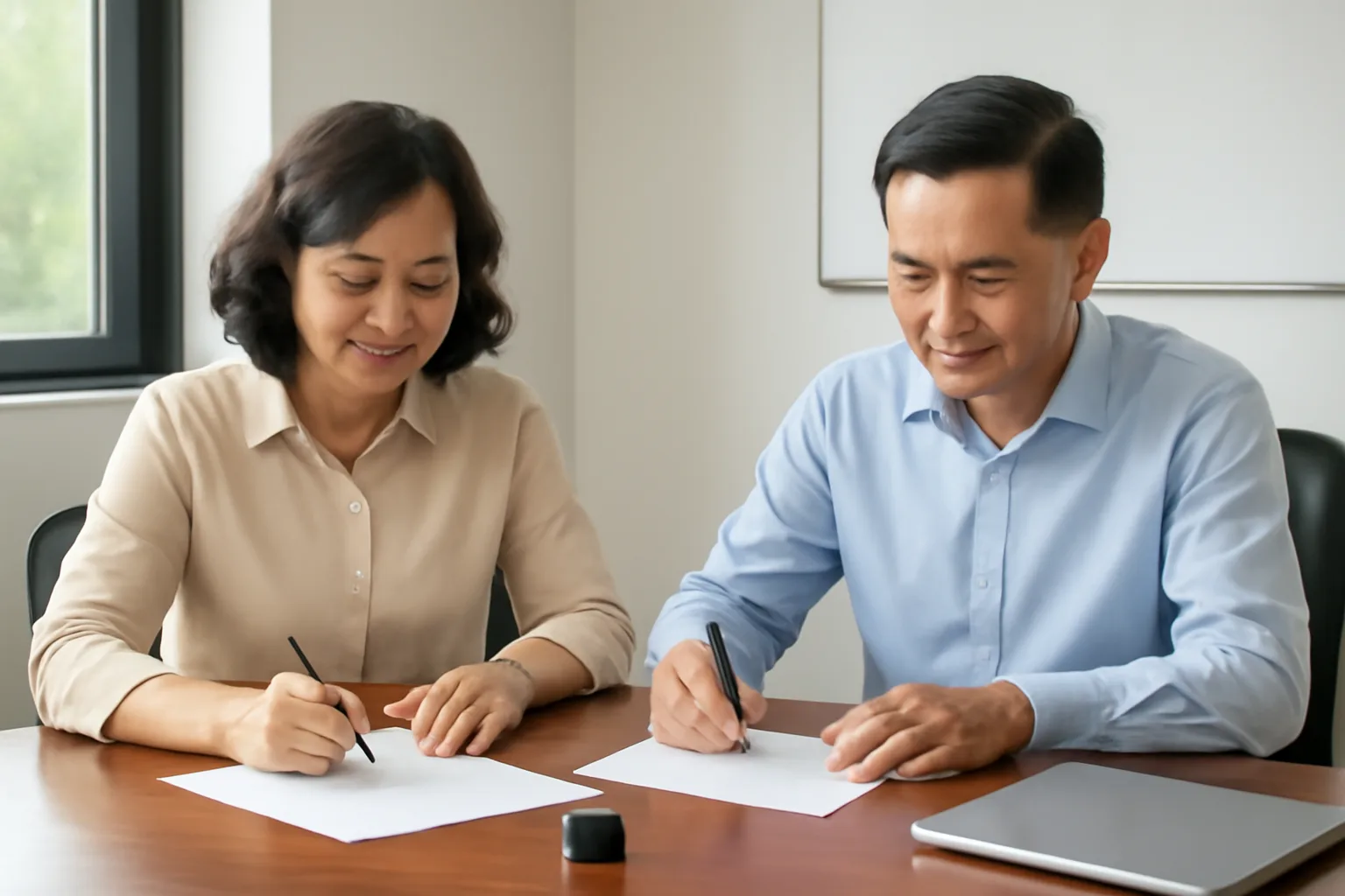 Hai người đồng sáng lập ký biên bản chuyển đổi bên bàn gỗ, cạnh con dấu và tập hồ sơ