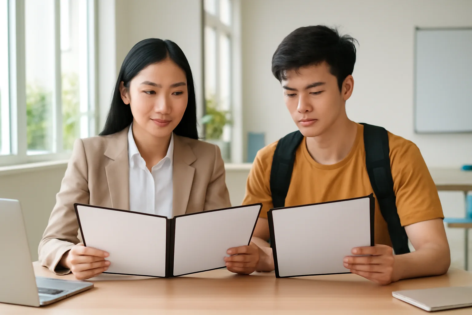 Kế toán và một cộng tác viên trẻ cùng xem lại hợp đồng tại bàn làm việc