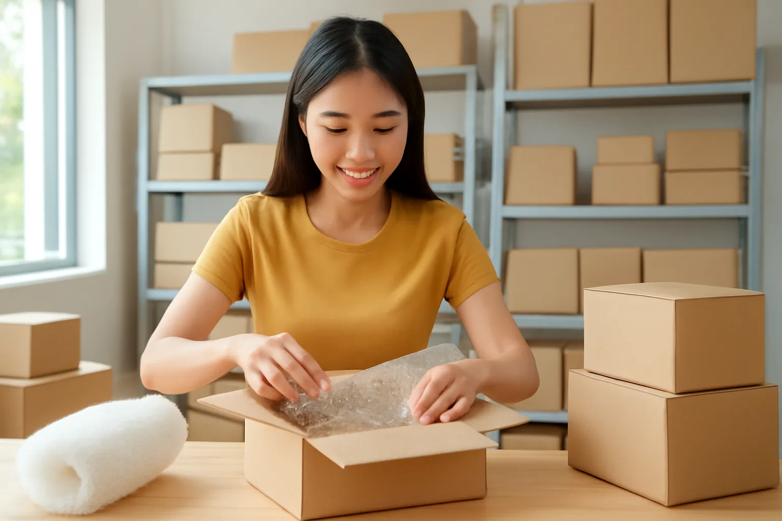 Nhân viên kho đóng gói đơn hàng bán qua sàn trong kho hàng nhỏ