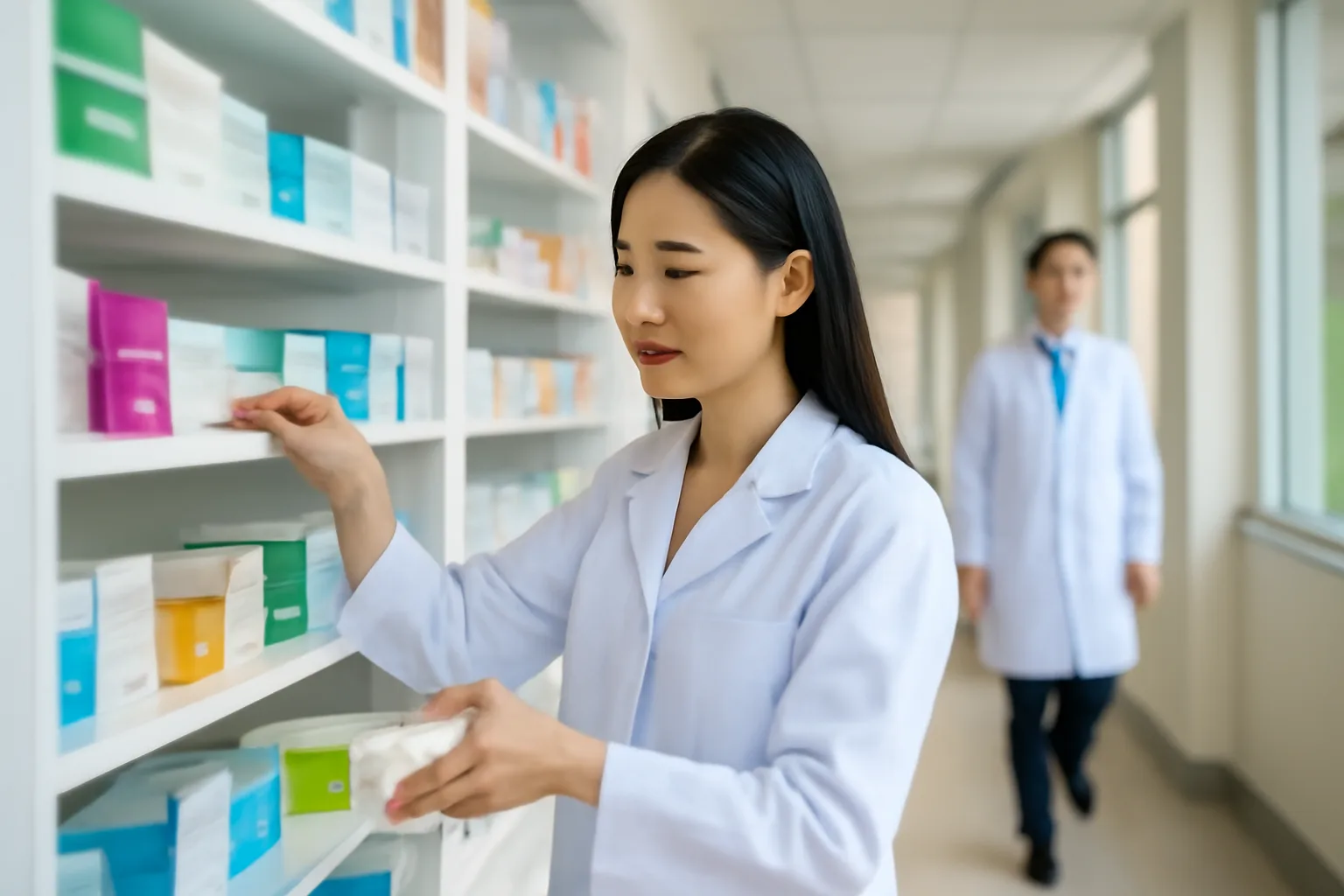 Dược sĩ sắp xếp hộp thuốc trên quầy nhà thuốc sáng sủa cạnh lối vào phòng khám