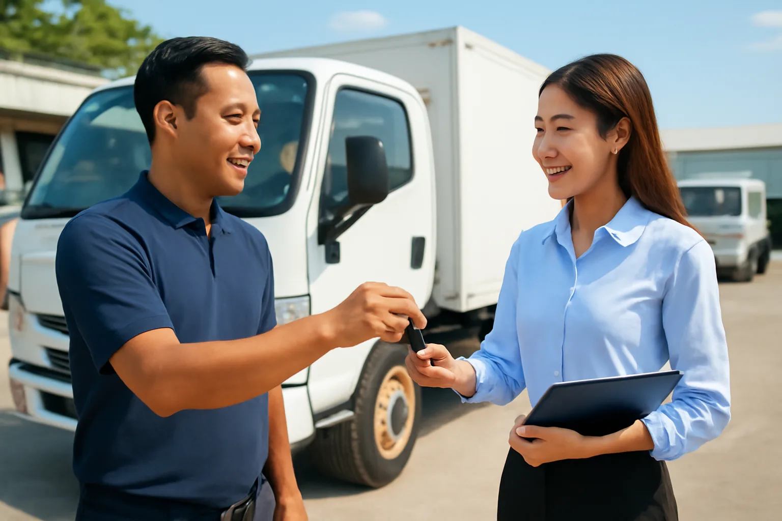 Giám đốc công ty vận tải nhỏ trao chìa khoá xe tải cho kế toán trong bãi xe buổi sáng
