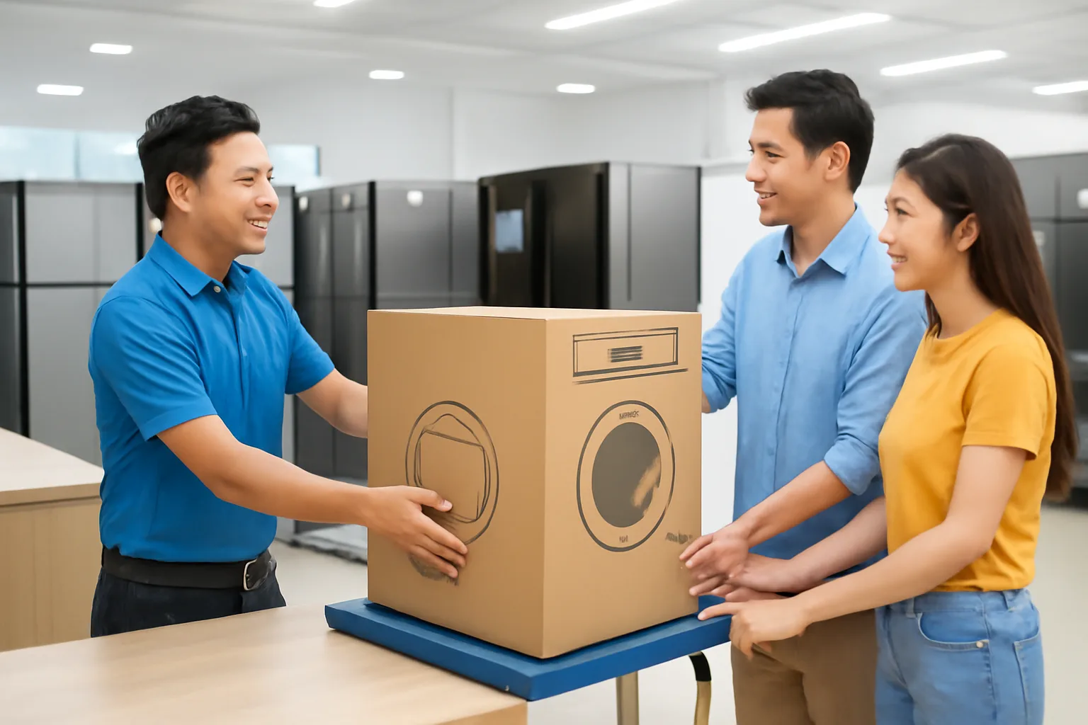 Nhân viên cửa hàng điện máy giao máy giặt cho một cặp vợ chồng trẻ tại quầy
