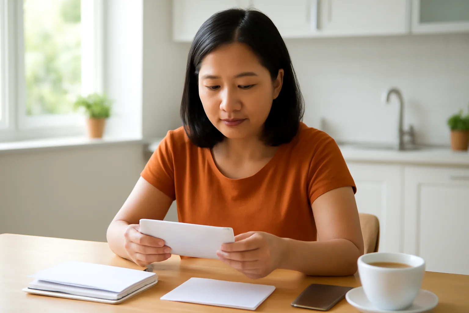 Người phụ nữ ngồi ở bàn ăn trong nhà, bên cạnh phong bì và điện thoại úp mặt