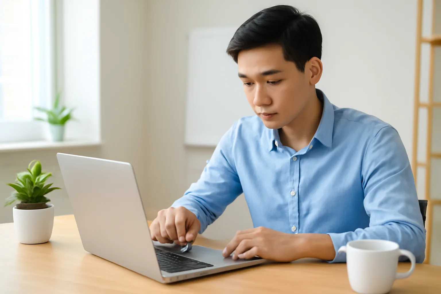 Nhân viên kế toán cắm thiết bị ký số vào máy tính xách tay tại bàn làm việc gọn gàng