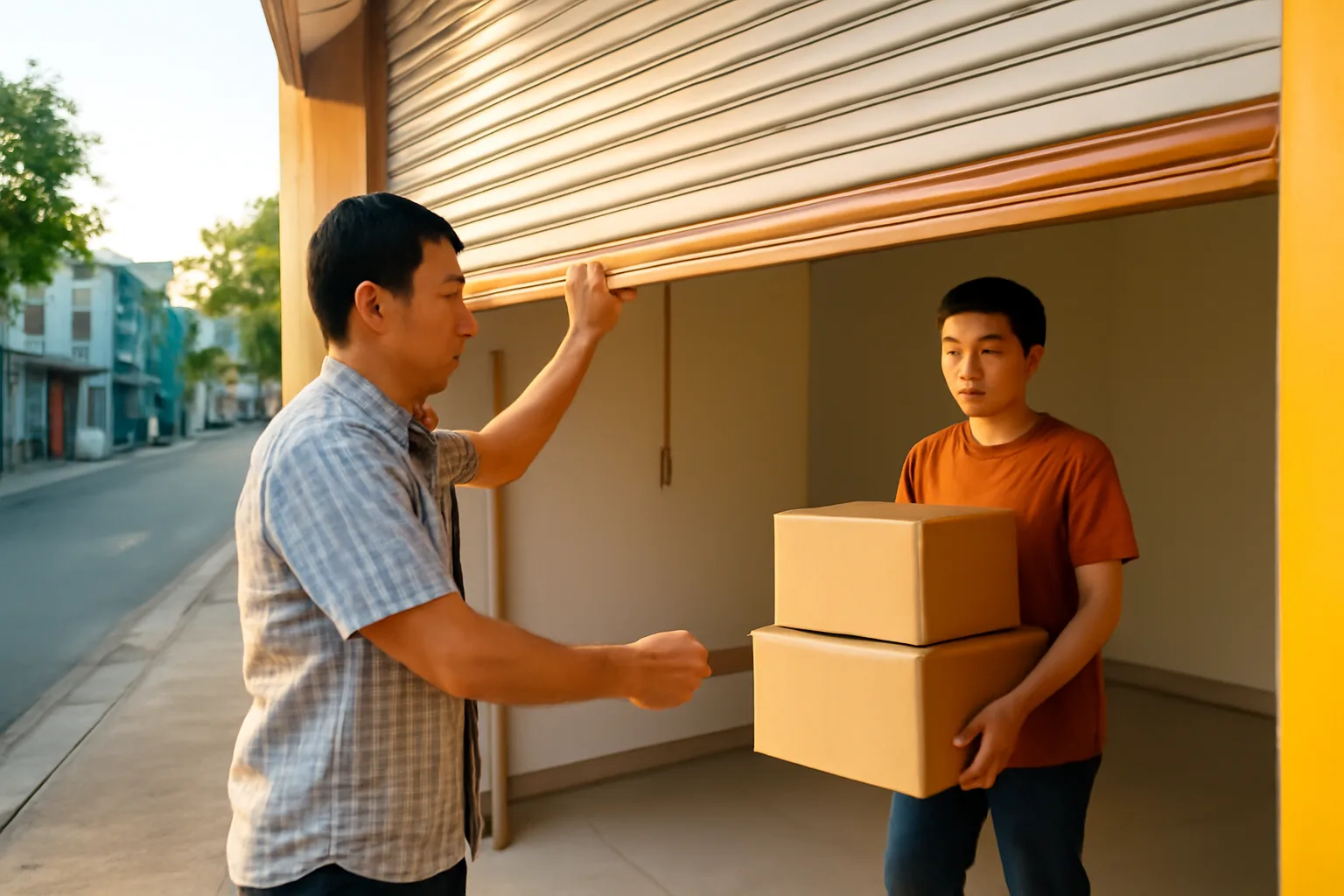 Chủ cửa hàng kéo cửa cuốn lên buổi sáng, nhân viên khiêng thùng hàng vào