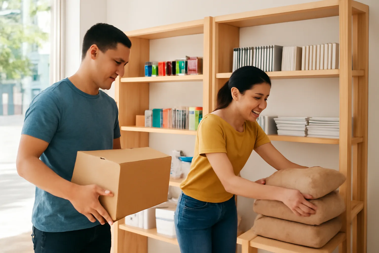 Cặp vợ chồng chủ cửa hàng dọn kệ, thay hàng văn phòng phẩm bằng bao cà phê hạt
