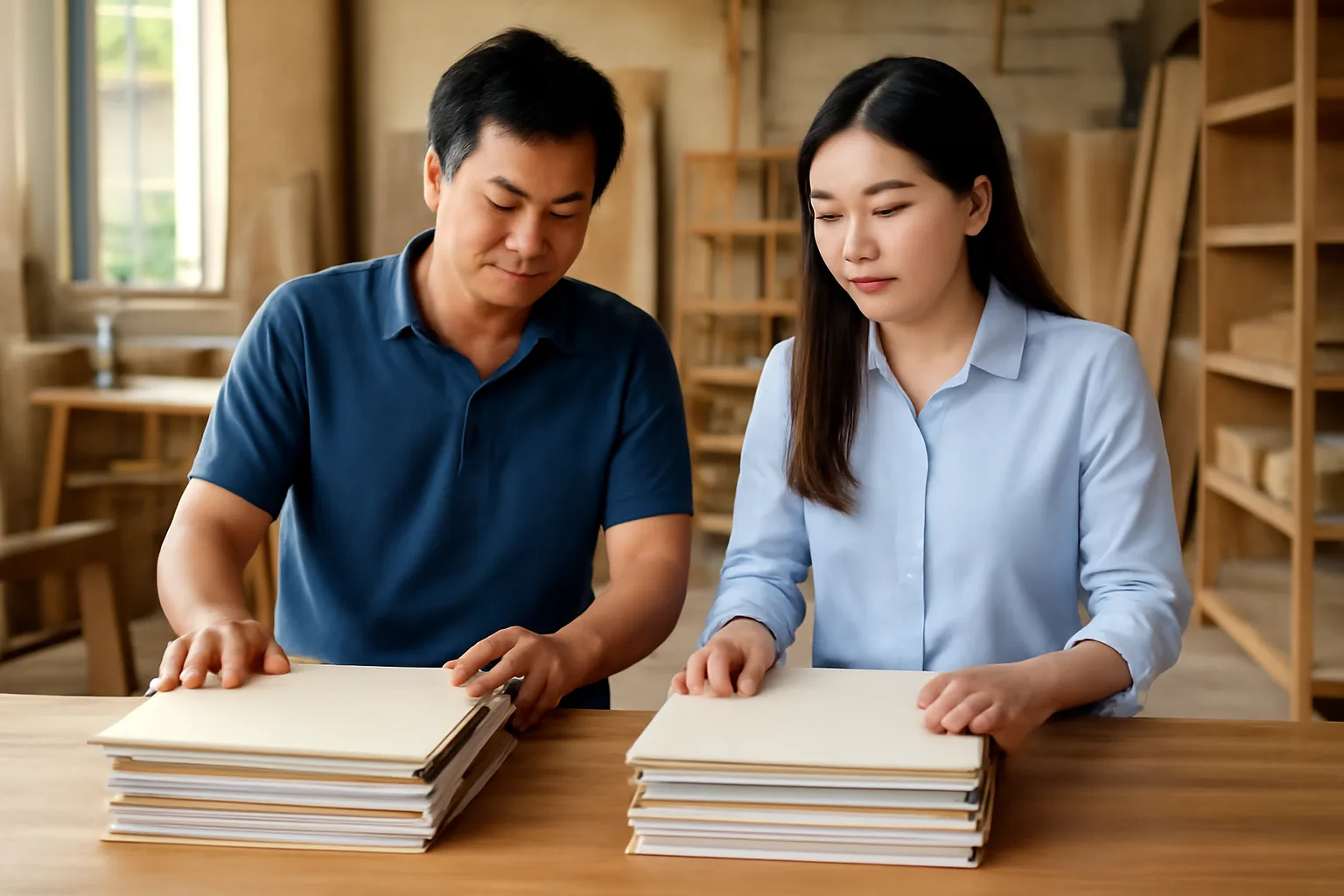 Chủ xưởng nhỏ và kế toán cân nhắc hai phương án bên bàn gỗ cạnh khu sản xuất