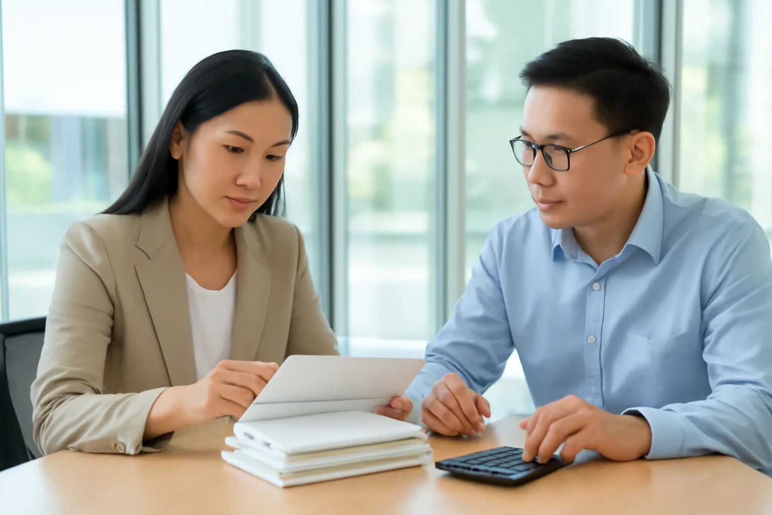 Nhân viên nhân sự và kế toán cùng rà bảng lương in sẵn trong phòng họp nhỏ