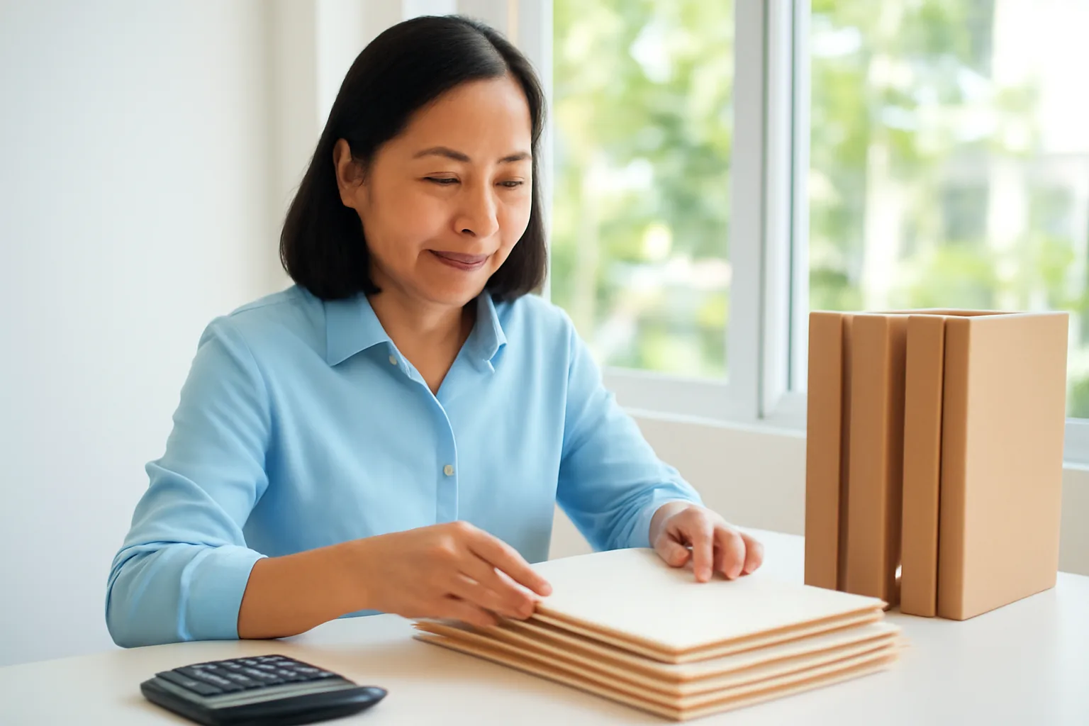 Kế toán lật xem xấp tờ khai theo tháng trên bàn làm việc bên cửa sổ