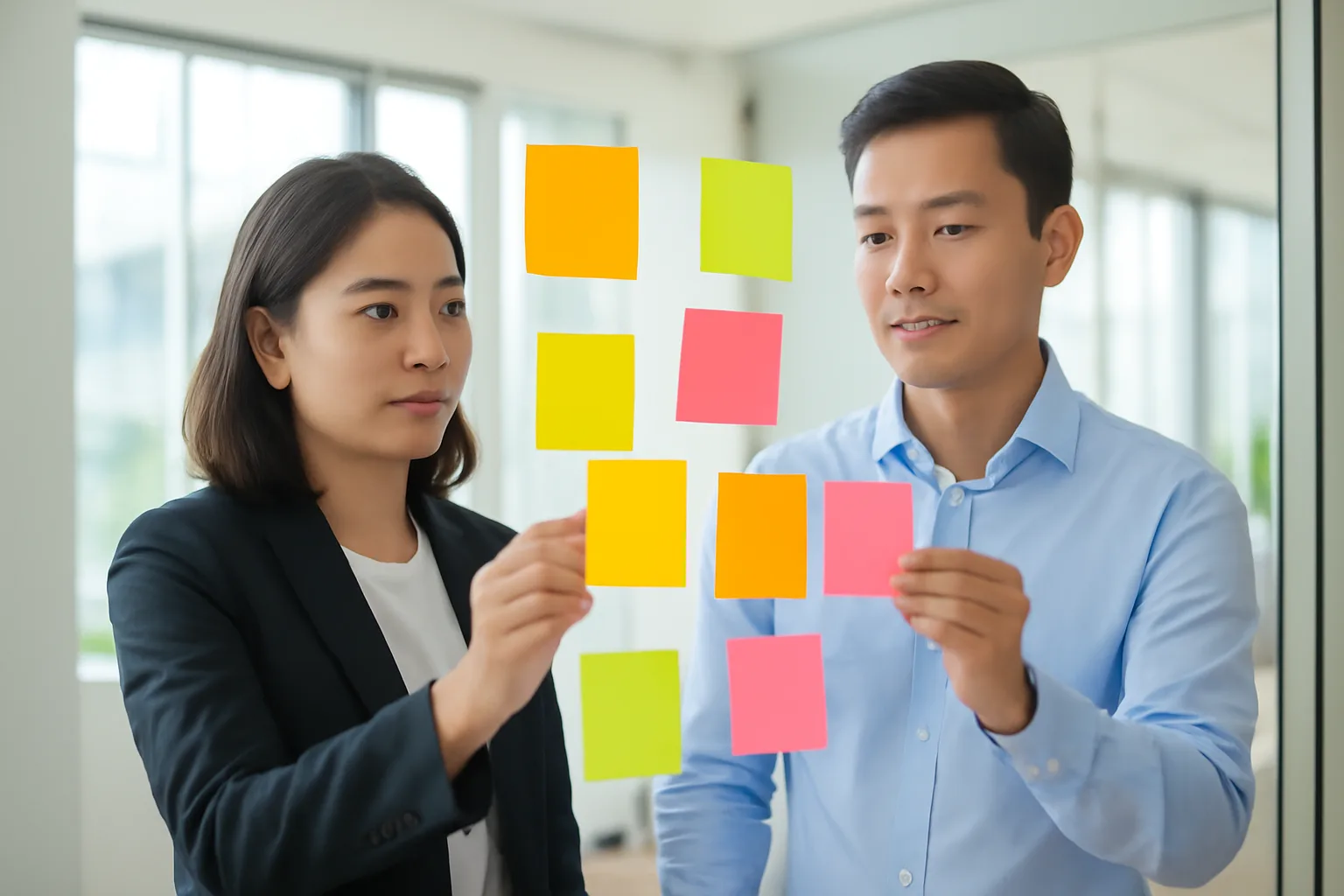 Giám đốc tài chính và kế toán trưởng cùng xem kế hoạch chuyển đổi niên độ bên bàn họp kính