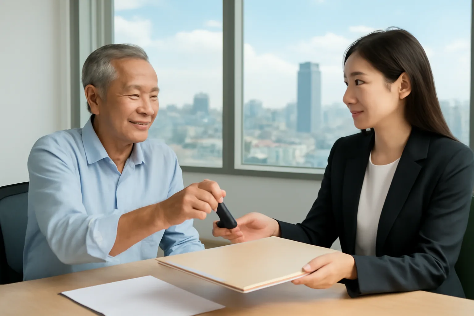 Hai giám đốc trao con dấu công ty và cặp hồ sơ qua bàn họp trong buổi bàn giao