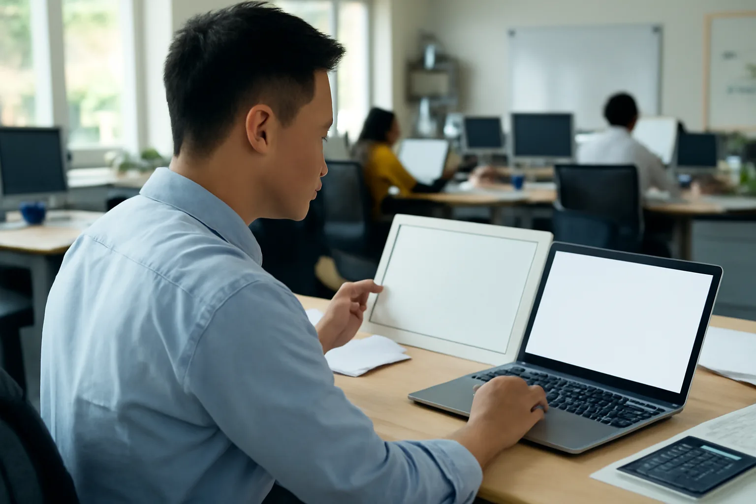 Nhân viên kế toán so bản giấy chứng nhận mới với màn hình máy tính quay ngược về phía sau