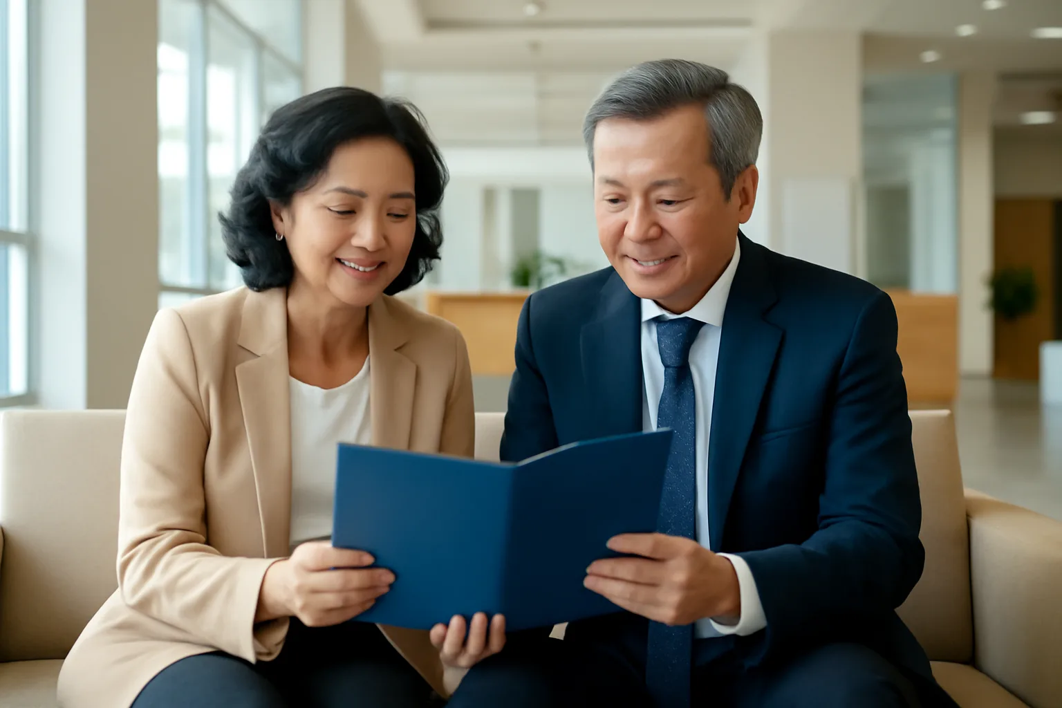 Hai thành viên công ty ngồi trước ngân hàng xem bìa hồ sơ trước khi đóng tài khoản
