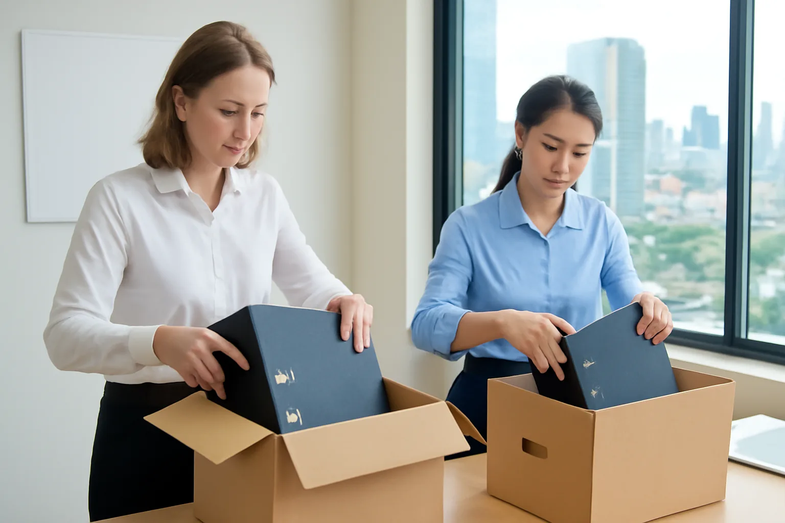 Trưởng văn phòng người nước ngoài và trợ lý người Việt đóng gói hồ sơ vào thùng lưu trữ