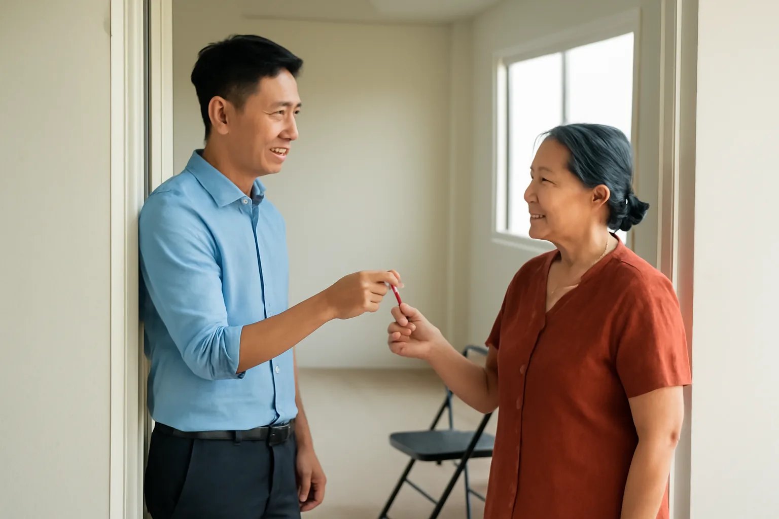 Chủ công ty trẻ trao lại chùm chìa khoá cho chủ nhà ở cửa văn phòng nhỏ đã dọn trống