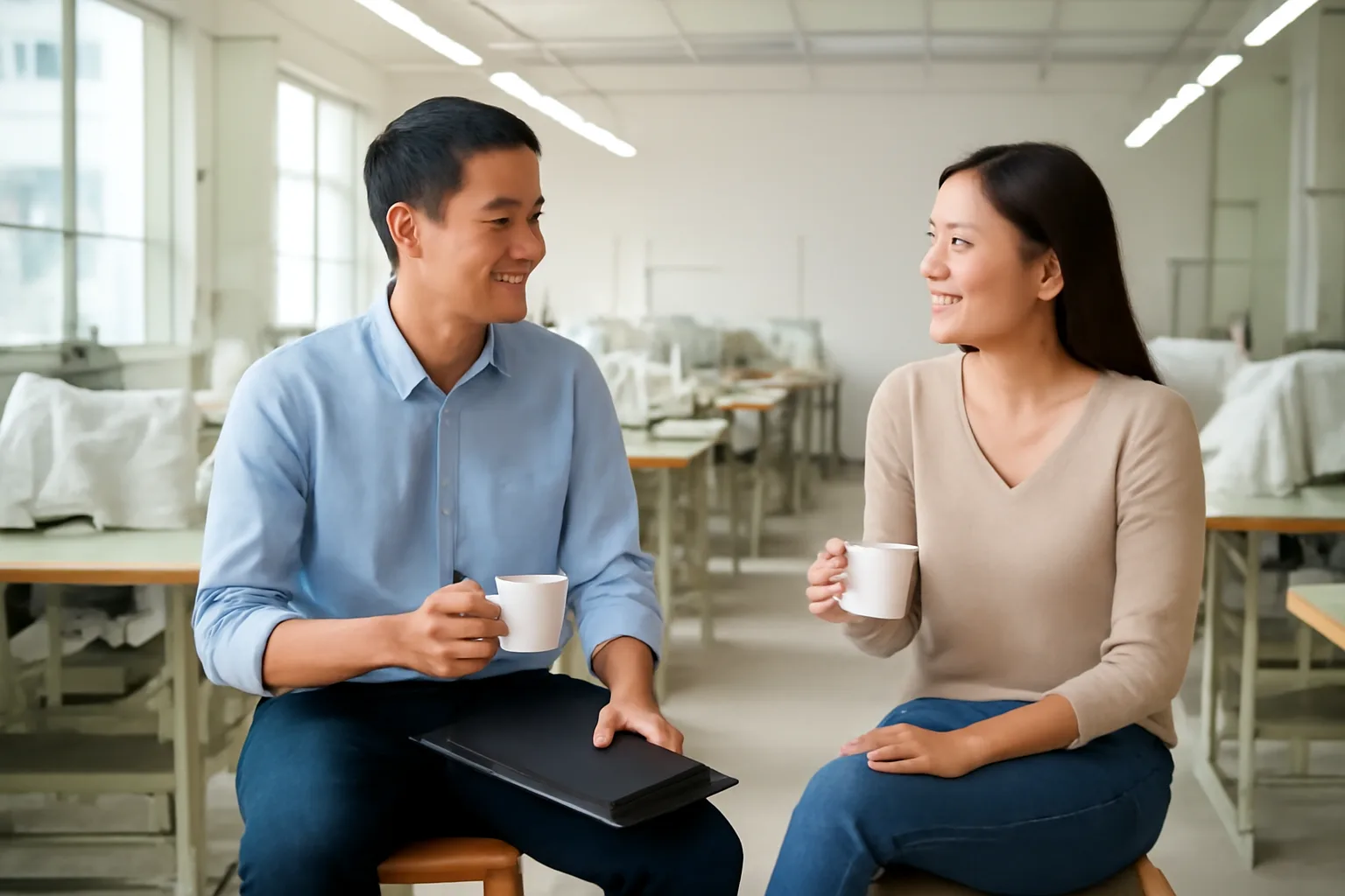 Hai người đồng sáng lập ngồi trong xưởng vắng bàn bước tiếp theo bên cốc cà phê