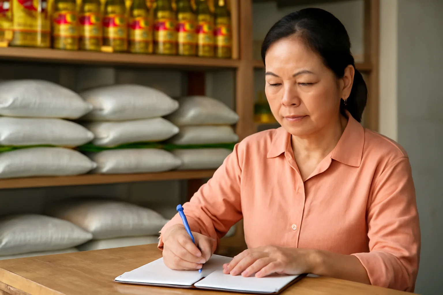 Chủ tiệm tạp hoá ghi chép doanh thu cuối ngày bên quầy hàng