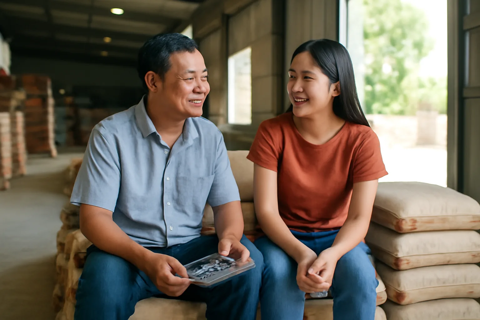 Chủ cửa hàng vật liệu xây dựng cùng con gái ngồi tính toán trong kho hàng