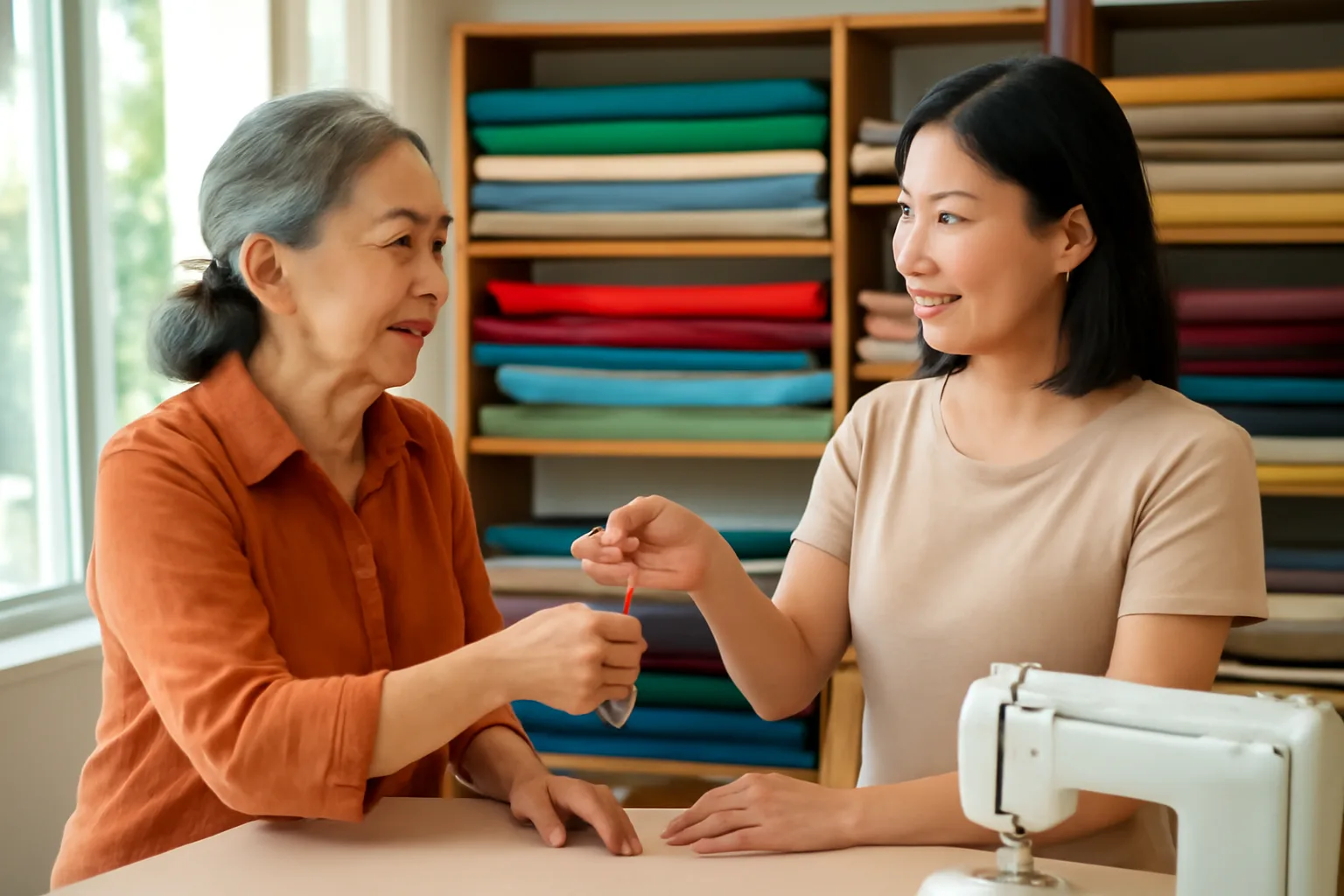 Người mẹ lớn tuổi trao chùm chìa khoá tiệm may cho con gái đứng sau quầy vải