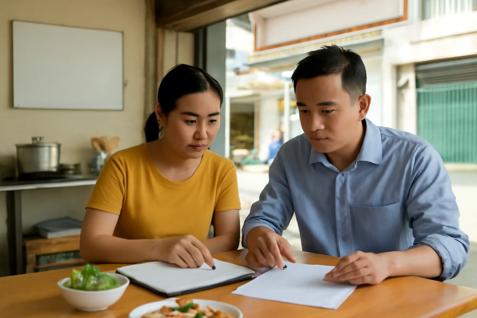 Vợ chồng chủ quán ăn ngồi bàn gỗ trong quán vắng buổi chiều, dò sổ tay và xấp sao kê úp