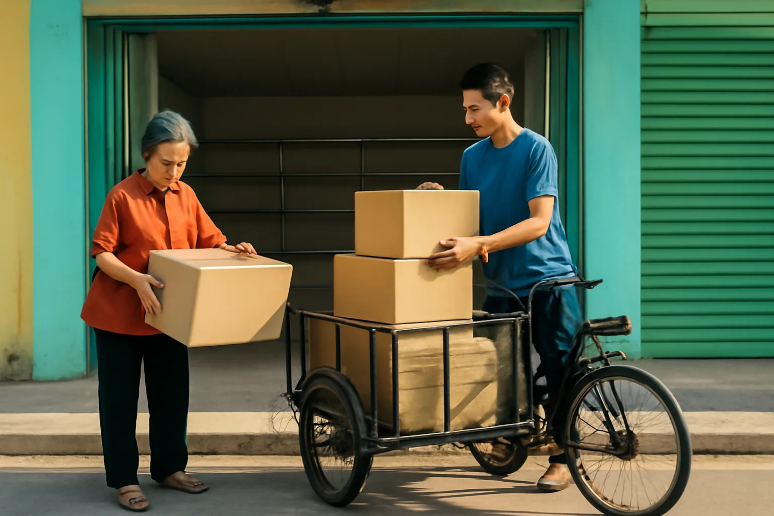 Bà chủ tiệm tạp hoá xếp những thùng hàng cuối cùng lên xe ba gác trước cửa tiệm trống