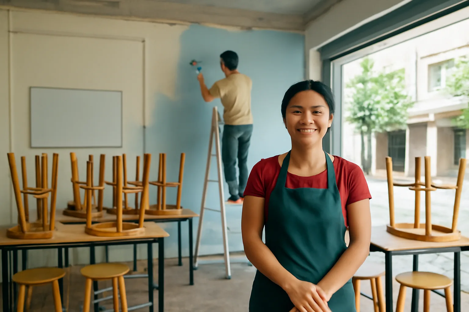 Chủ quán phở đứng giữa quán đang sửa, ghế xếp chồng, thợ đang sơn tường