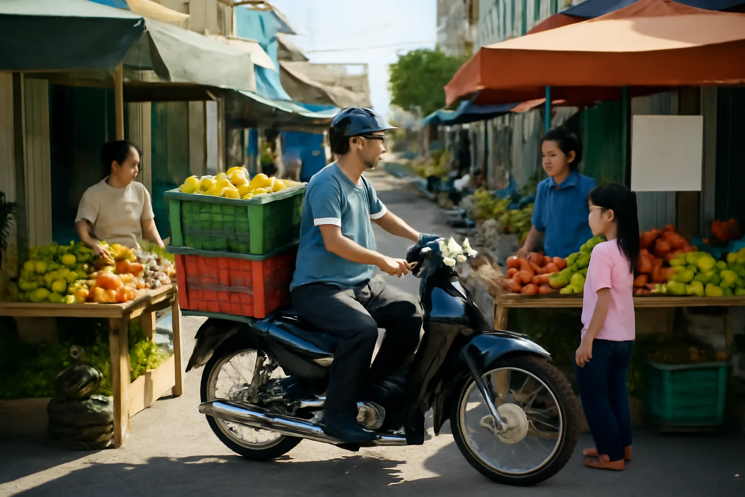 Chủ hộ kinh doanh chở hàng bằng xe máy giữa hai quầy bán ở chợ