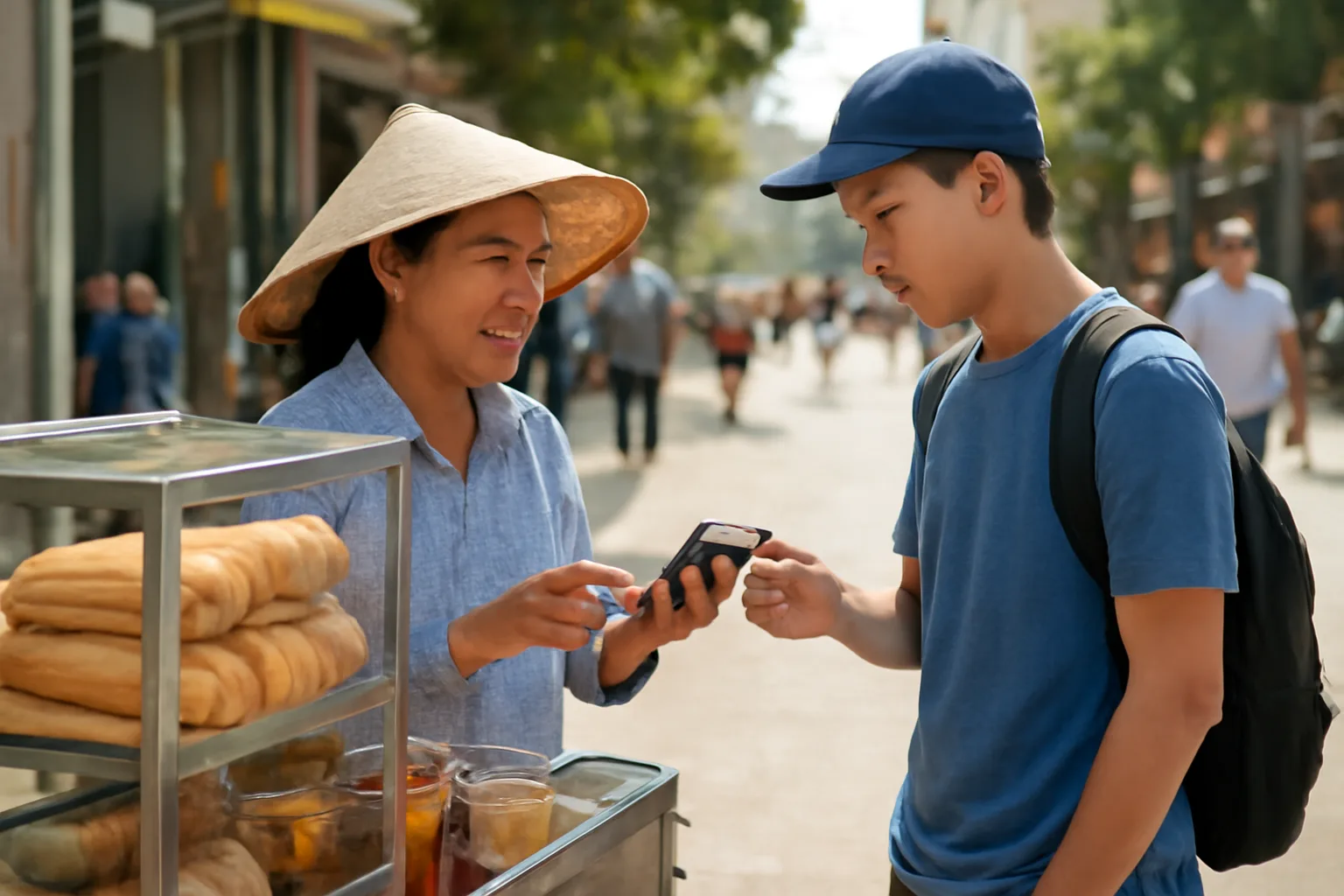 Chủ quầy bánh mì trả tiền công cho người phụ việc trẻ bằng điện thoại bên xe bánh buổi sáng