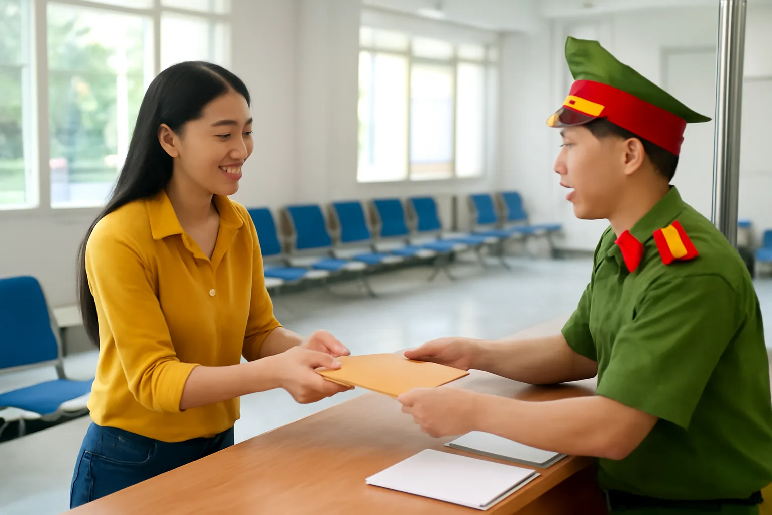 Người phụ nữ trao cặp hồ sơ giấy cho nhân viên tại quầy một cửa của cơ quan thuế