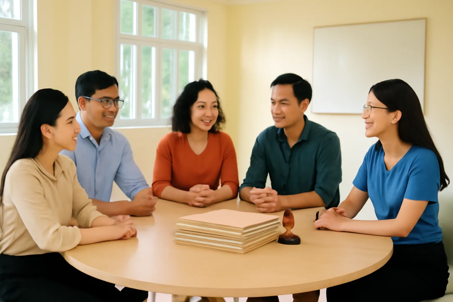 Ban điều hành một hội nghề nghiệp họp quanh bàn tròn với xấp hồ sơ và con dấu