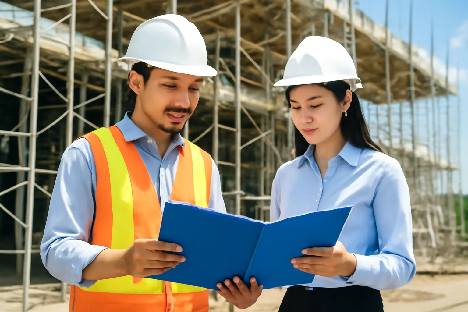 Kỹ sư công trường và kế toán đội mũ bảo hộ cùng xem cặp hồ sơ cạnh giàn giáo