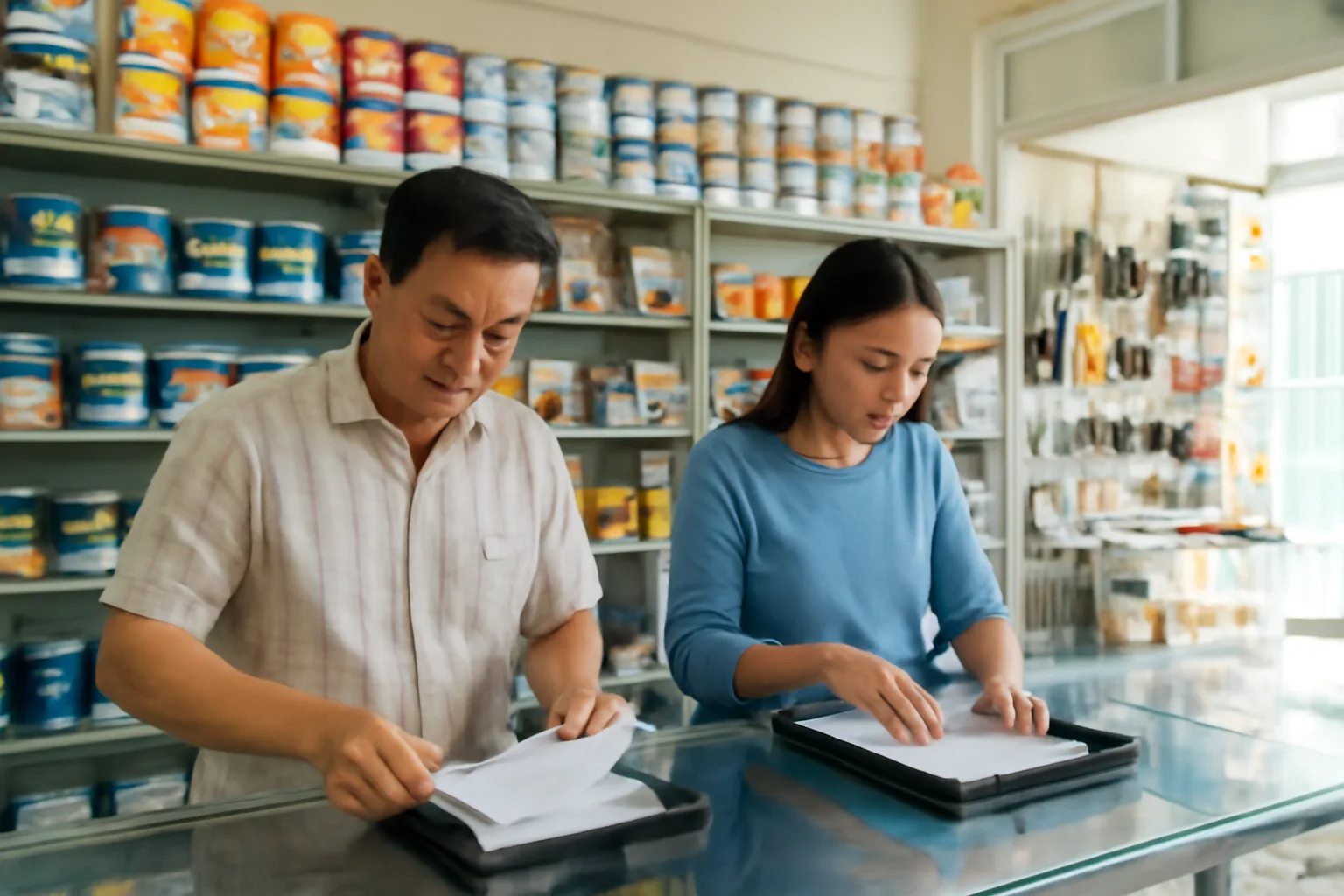 Chủ cửa hàng vật tư và kế toán đối chiếu xấp hoá đơn tại quầy trong buổi sáng