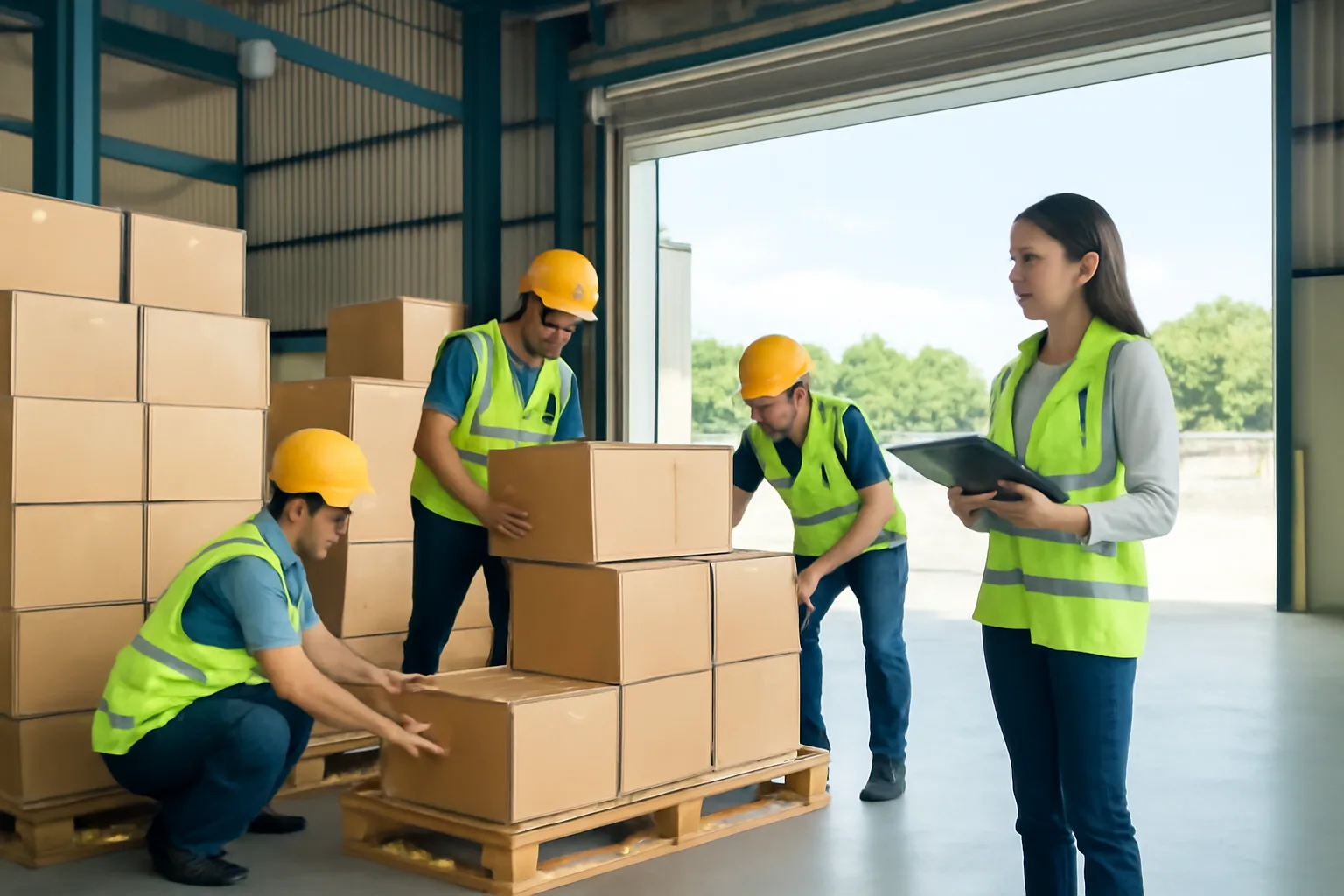 Nhóm công nhân thời vụ nhận việc tại kho hàng, quản lý kho cầm cặp hồ sơ bên cạnh