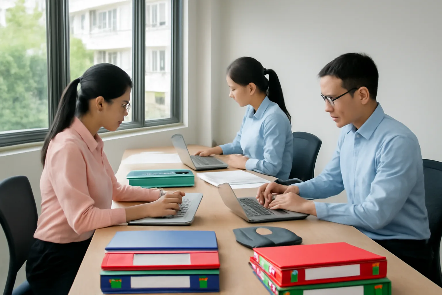 Nhóm kế toán làm việc bên bàn dài với nhiều cặp hồ sơ và máy tính trong văn phòng đầu năm