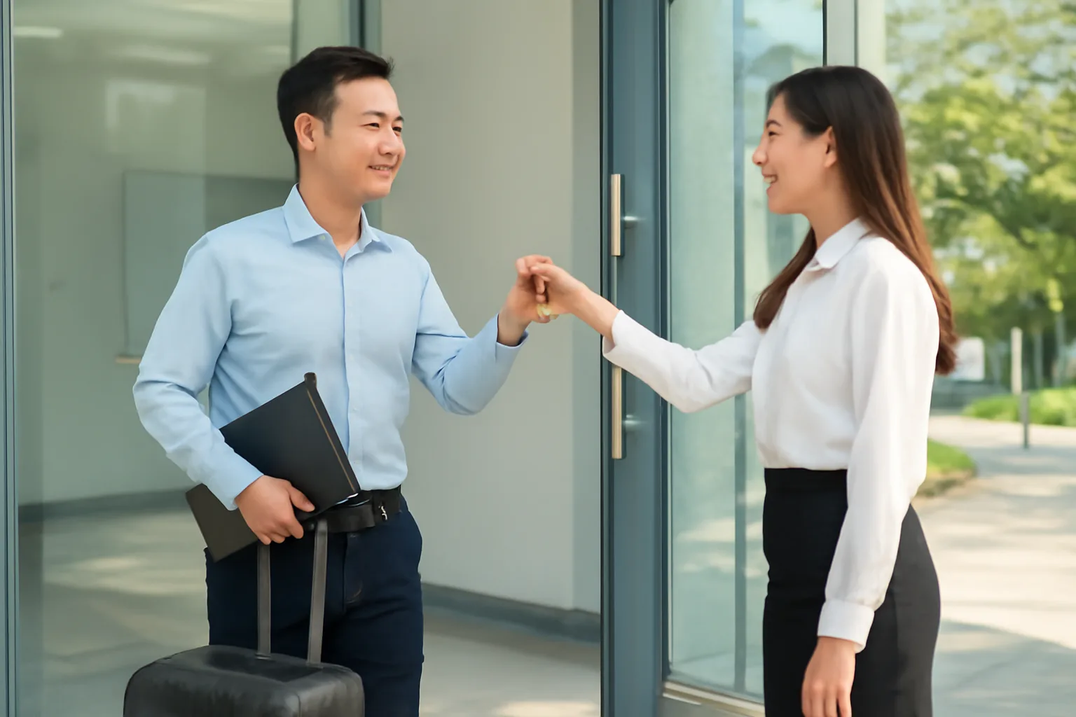 Nhân viên kéo va li và cặp hồ sơ đến văn phòng chi nhánh mới thuê ở một thành phố khác