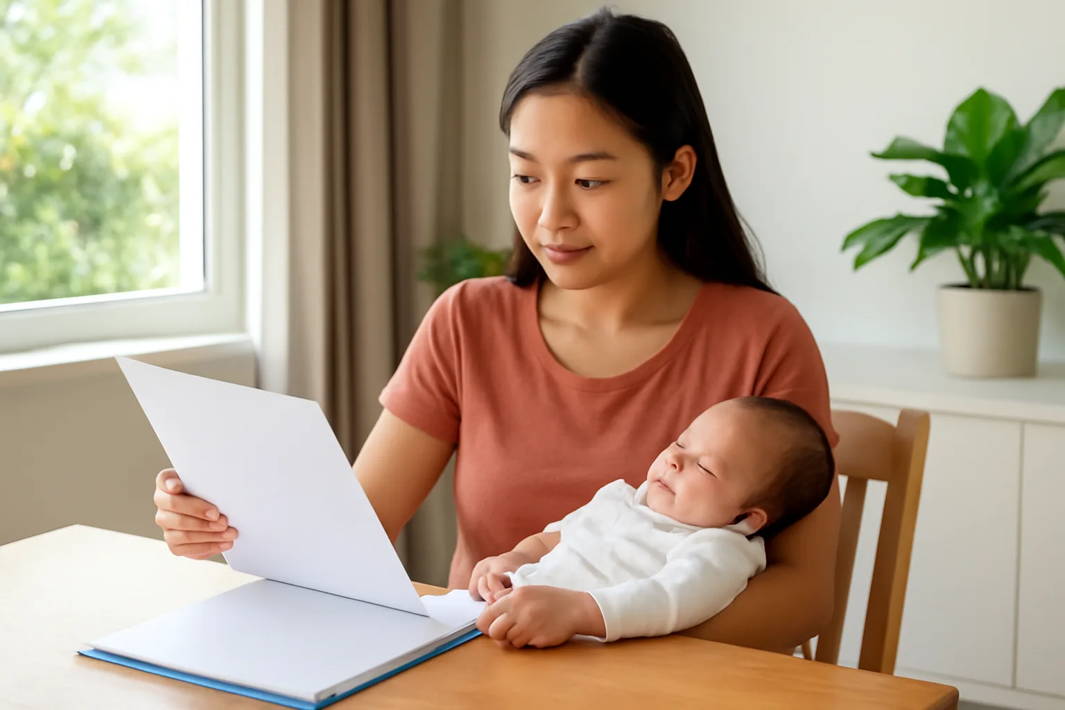 Người mẹ trẻ bế con nhỏ, tay kia cầm điện thoại bên bàn ăn trong căn hộ sáng sủa