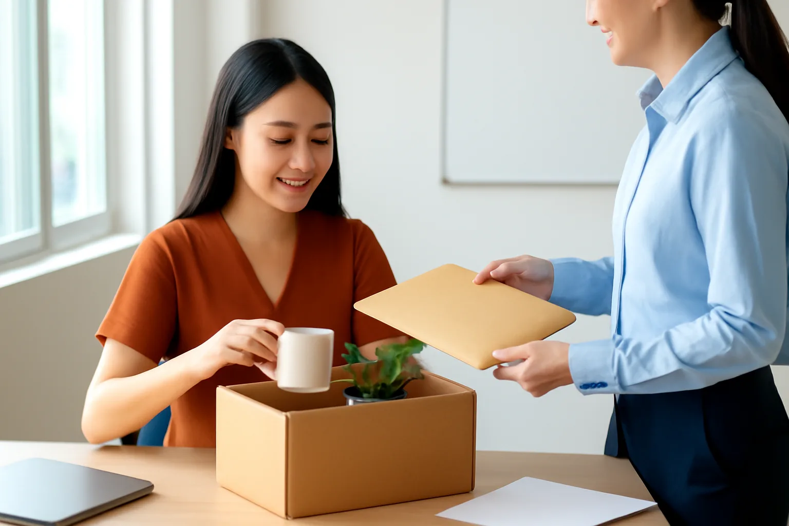 Nhân viên xếp đồ cá nhân vào thùng giấy trong ngày làm cuối, đồng nghiệp nhân sự trao phong bì