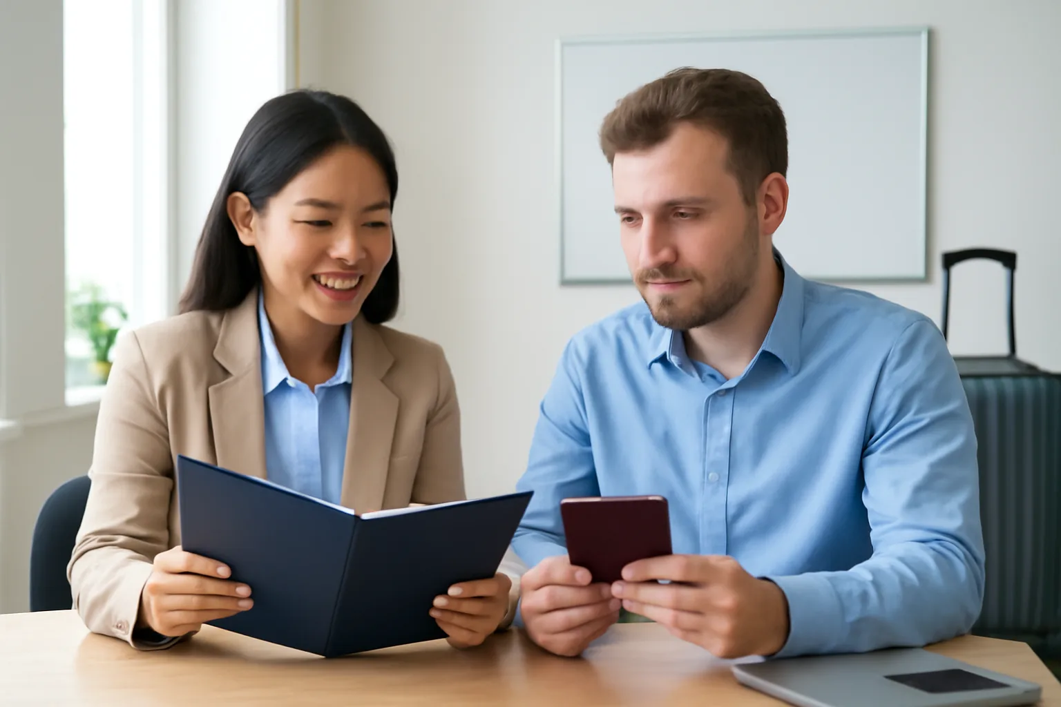 Nhân viên nhân sự người Việt và chuyên gia nước ngoài xem hồ sơ bên bàn, va li đặt ở góc phòng