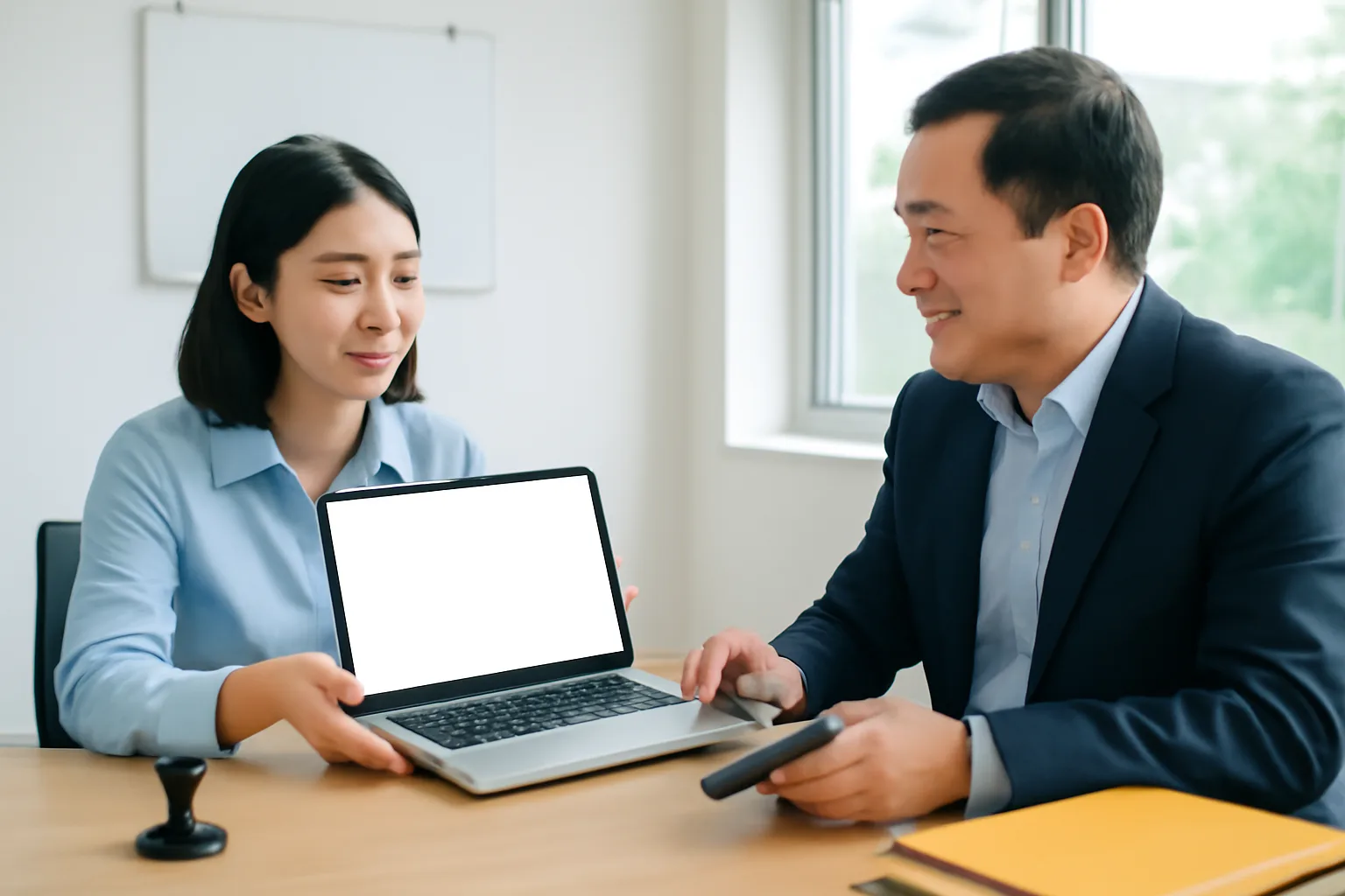 Kế toán và giám đốc cùng xem lệnh nộp tiền thuế trên máy tính xách tay trước khi duyệt