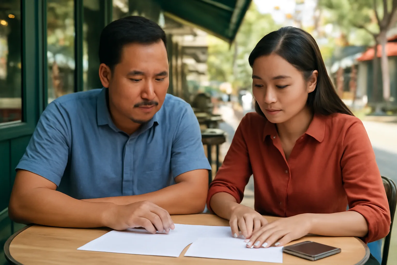 Chủ doanh nghiệp và kế toán cùng dò lại tờ sao kê ngân hàng úp nửa bên bàn cà phê