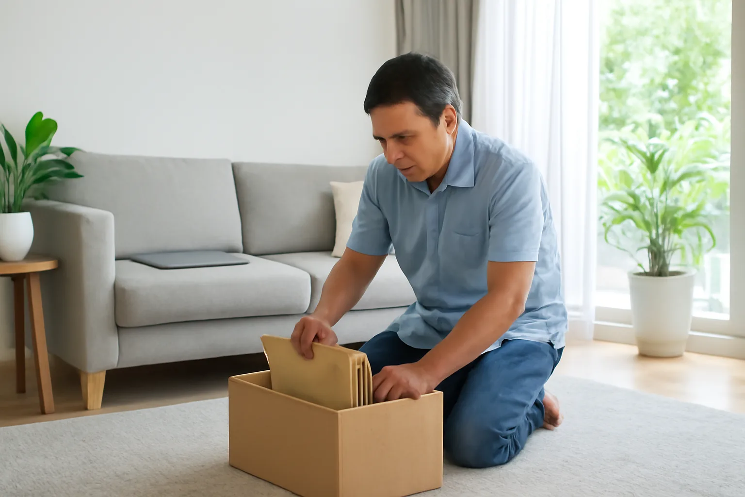Người đàn ông trung niên lục hộp giấy tờ cũ trên sàn phòng khách