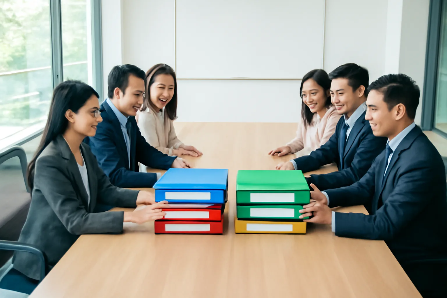 Hai nhóm lãnh đạo doanh nghiệp xếp chung hai chồng cặp hồ sơ trên bàn họp lớn
