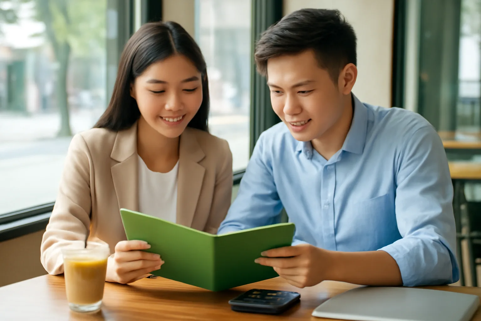 Hai nhà sáng lập trẻ xem lại cặp hồ sơ năm đầu tiên tại bàn quán cà phê, cạnh máy tính bỏ túi