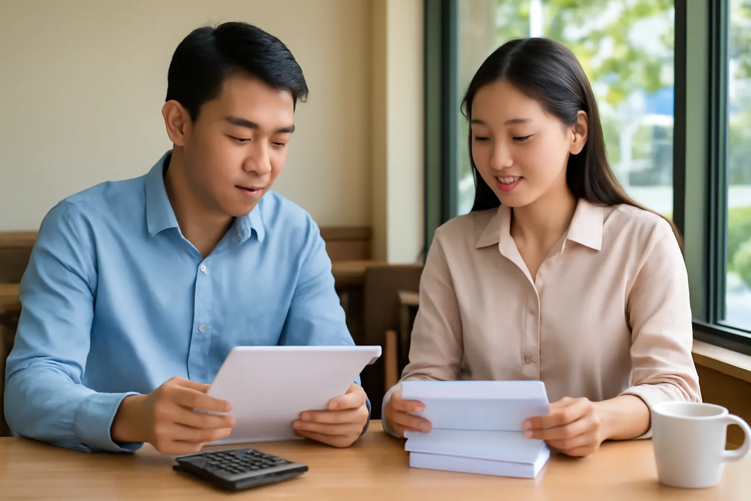 Hai đồng nghiệp ngồi cạnh nhau bên bàn cà phê so sánh hai xấp giấy và máy tính bỏ túi