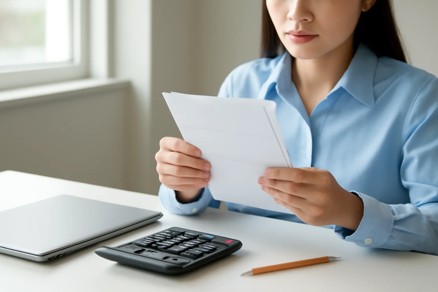Kế toán rà lại xấp hoá đơn và bảng tính bên cạnh máy tính để sửa tờ khai
