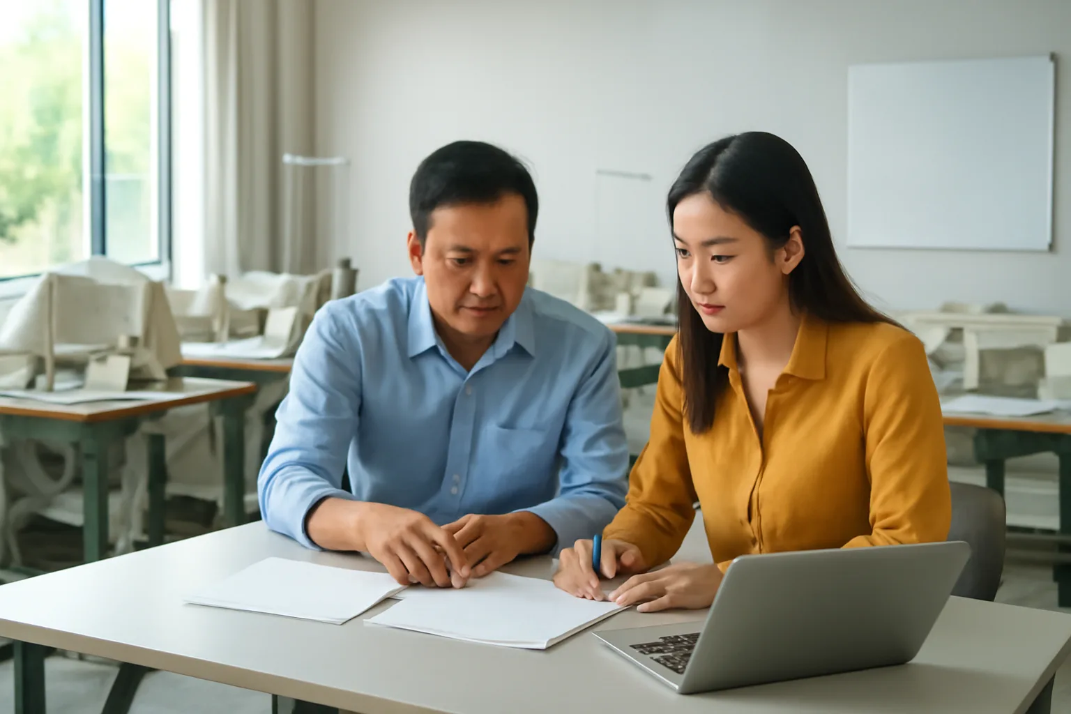 Giám đốc xưởng may và kế toán ngồi trong xưởng vắng, máy may phủ vải, bàn đầy tập hồ sơ