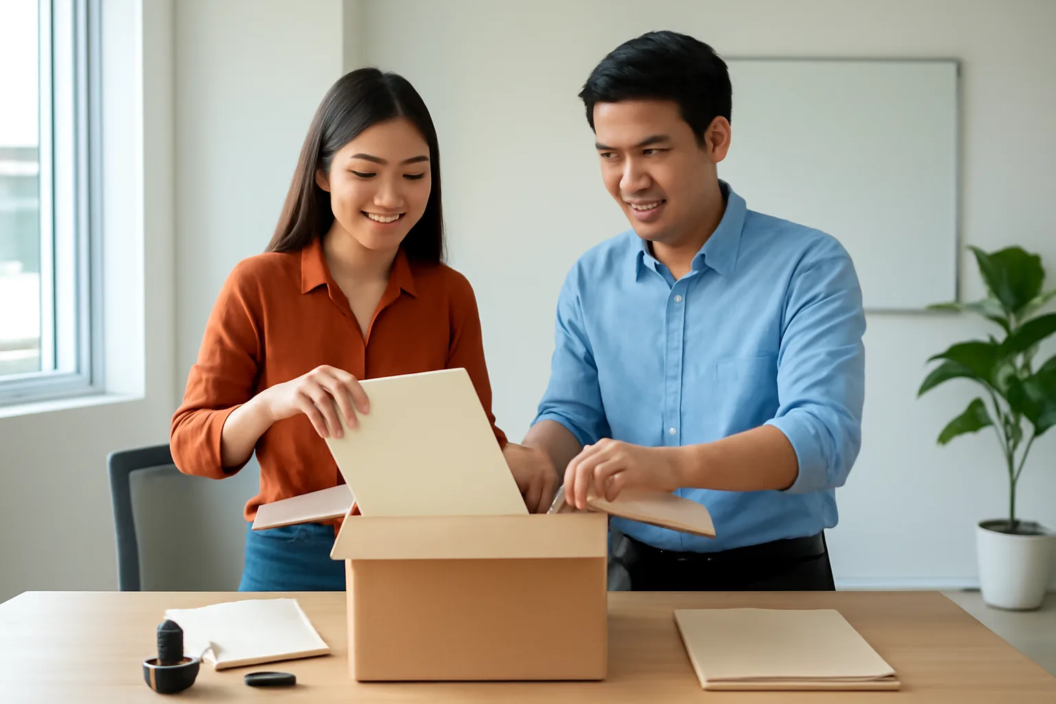 Hai người sáng lập trẻ sắp xếp hồ sơ công ty mới trên bàn làm việc trong văn phòng vừa thuê